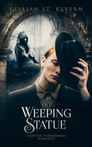 The Weeping Statue cover: A pale young man with red hair wearing a somber suit is in the act of removing his hat. His expression is mournful. Behind him, the stone statue of a woman is illuminated by the full moon, bathing the forest in an eerie glow.
