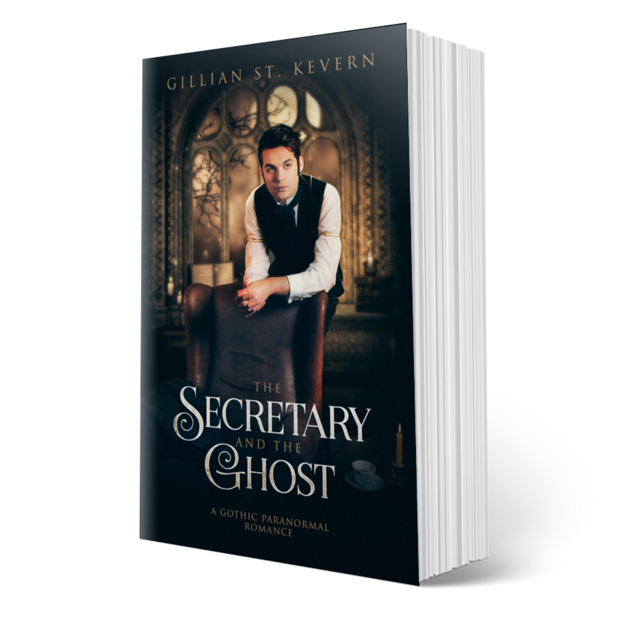 The Secretary and the Ghost cover, a gay gothic romance: A handsome young man in Victorian garb rests against the back of a chair, looking pensively into the distance. In the background, a full moon breaks through the windows of a library, complete with candles and books.