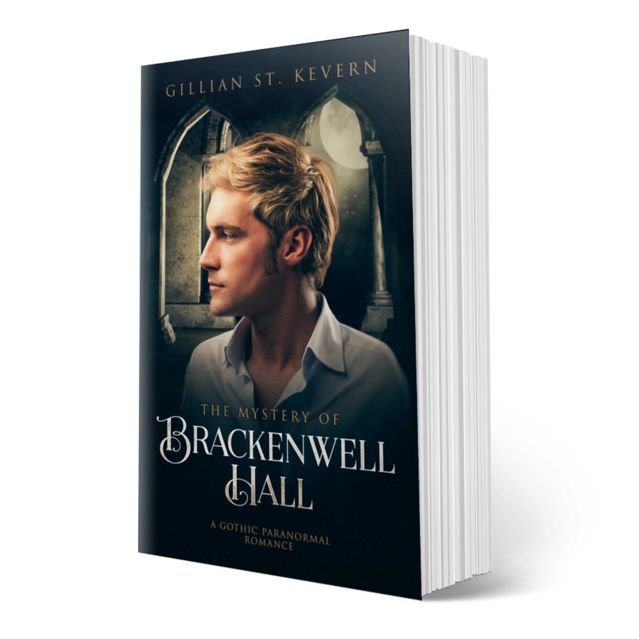 The Mystery of Brackenwell Hall cover, a gay gothic romance: A pensive young man with blond hair looks to the left, marble columns behind him with the light of the full moon peeking through.