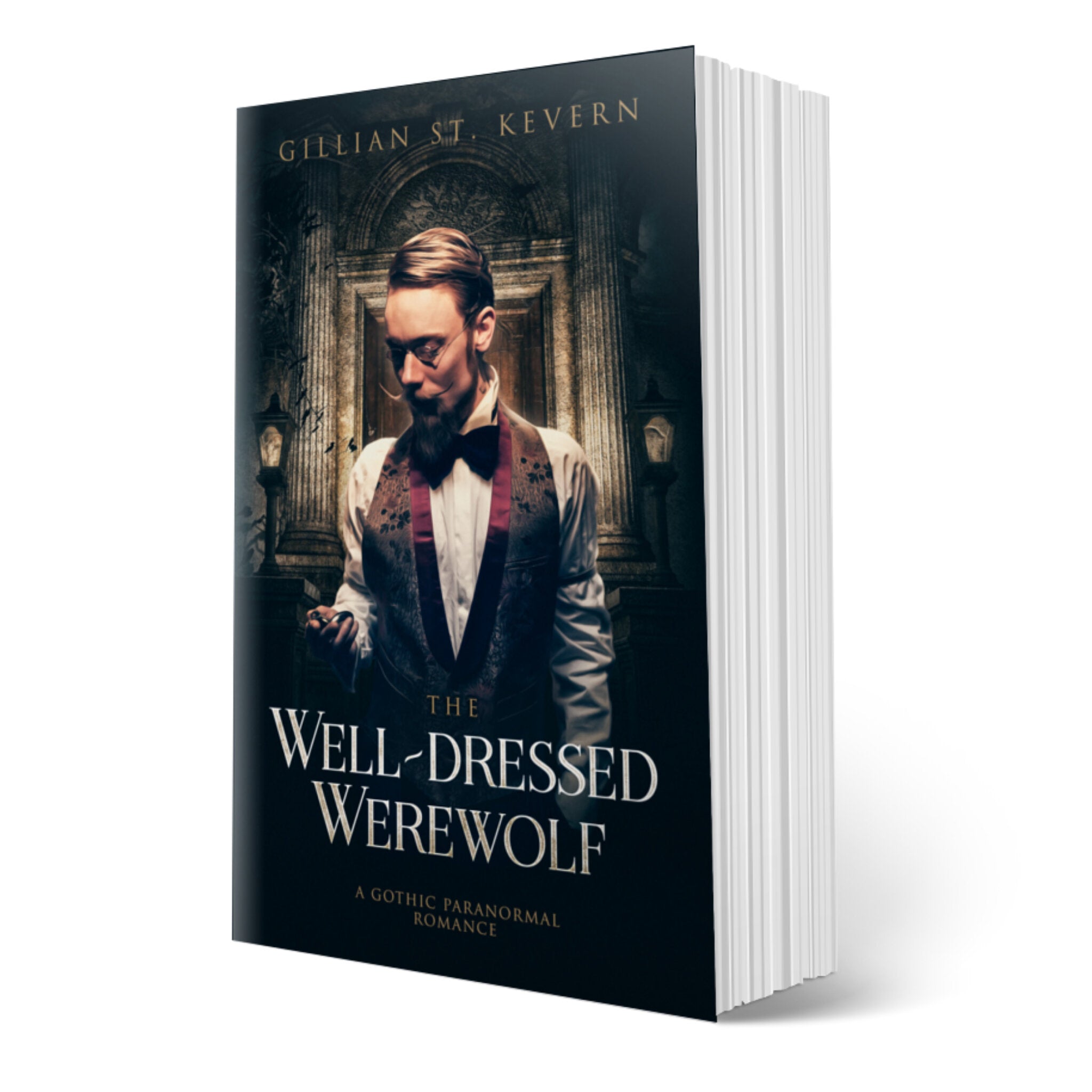 The Well-dressed Werewolf, a gay gothic mystery, cover: Westaway, with his handlebar moustache impeccably groomed and a very sharp vest and bow tie, consults a watch. He stands before a closed door which has a crypt-like aspect.