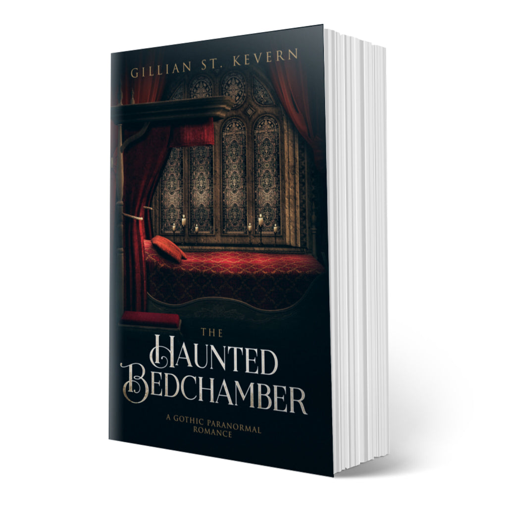 The Haunted Bedchamber cover: the crimson curtains of an old fashioned four poster bed are drawn back to reveal an empty bed, latticed windows beyond and a foreboding night sky. The very thing you expect of a gothic romance novel. 