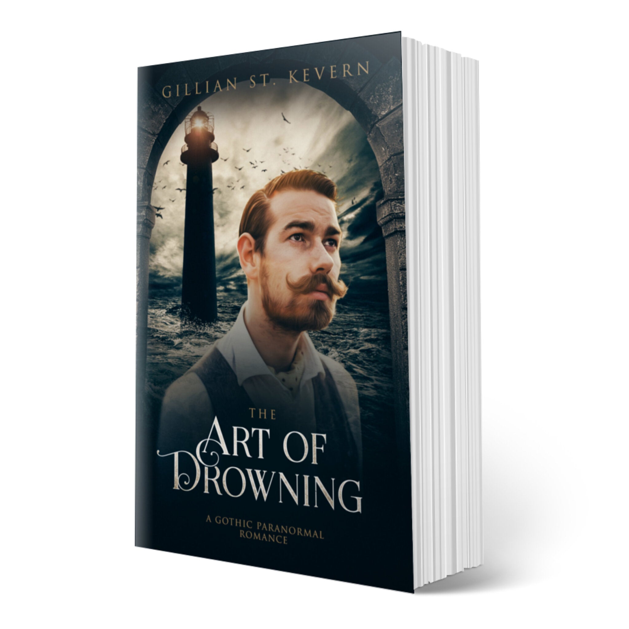 The Art of Drowning cover, a gay gothic romance with supernatural elements. A brown haired man with a very impressive moustache stares beyond the viewer, expression haunted. Behind him, a lighthouse looms out of a stormy sea.