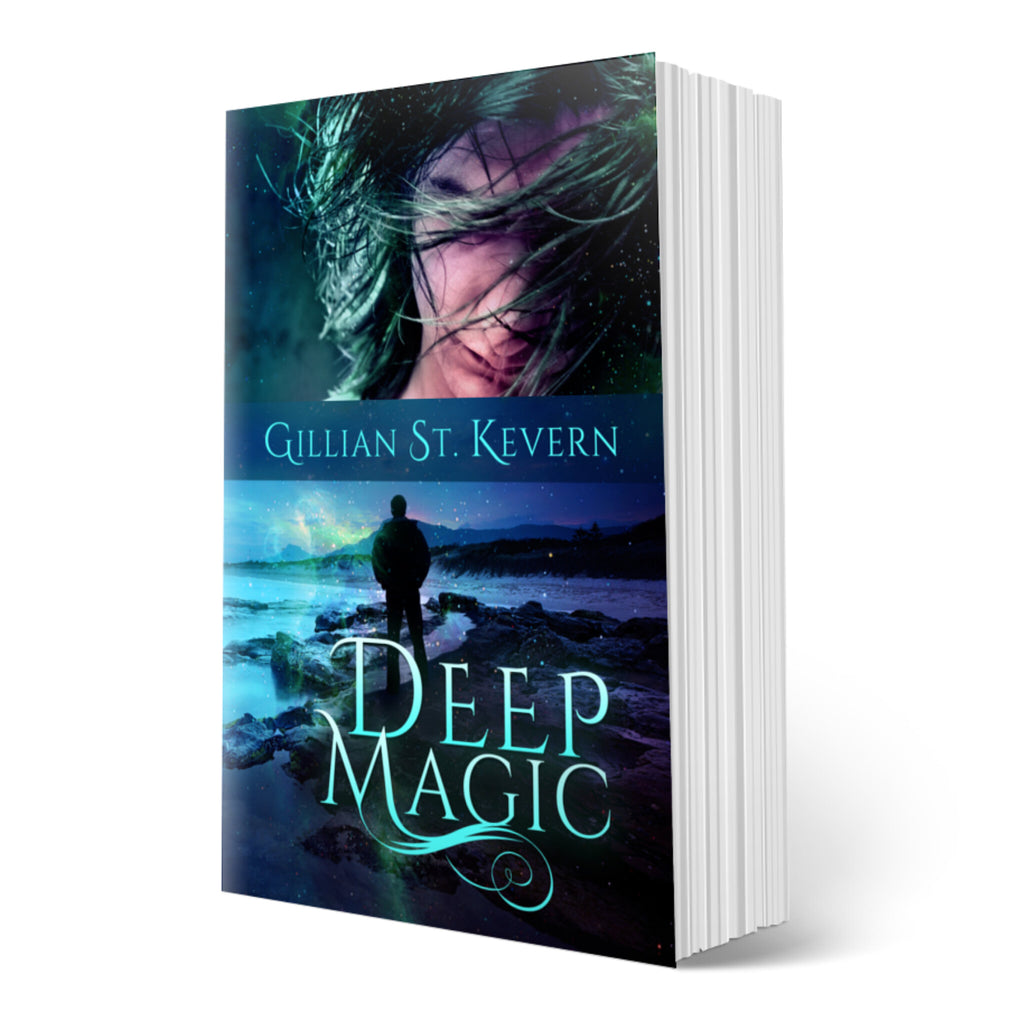Cover of Deep Magic, a gay romance with mythological elements: The cover is divided in two halves. The top half features a dark haired man smiling enigmatically, his hair swept across his face. The bottom half features a man in silhouette, standing on the rocky Welsh coast, a wave splashing up before him.