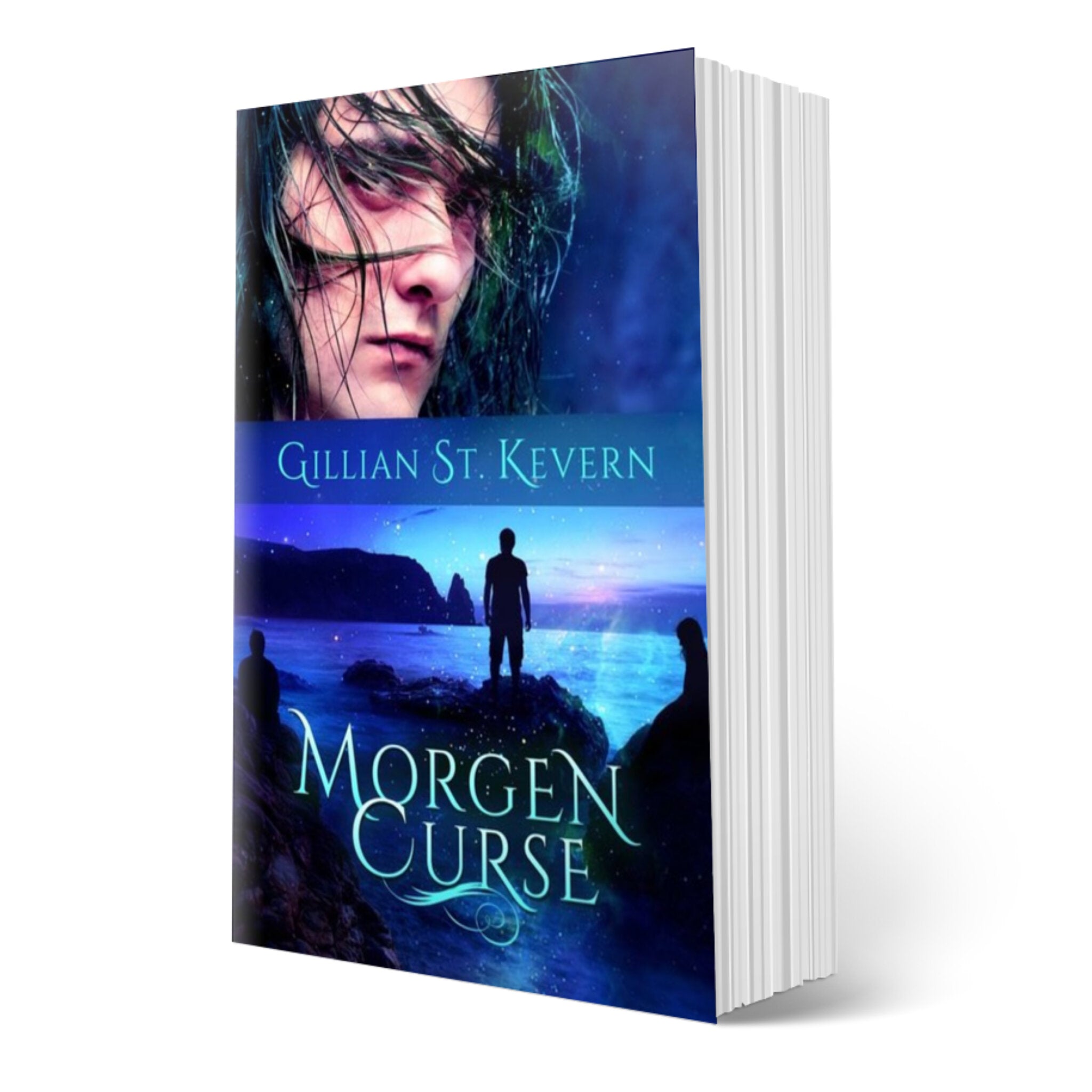 Morgen Curse, a gay mythological fantasy, cover: The cover is in two halves. In the top half, a young dark haired man (Ieuan), looks up warily from behind a curtain of hair. On the bottom half we see three figures silhouetted against the Pacific ocean. One stands, two are sitting.