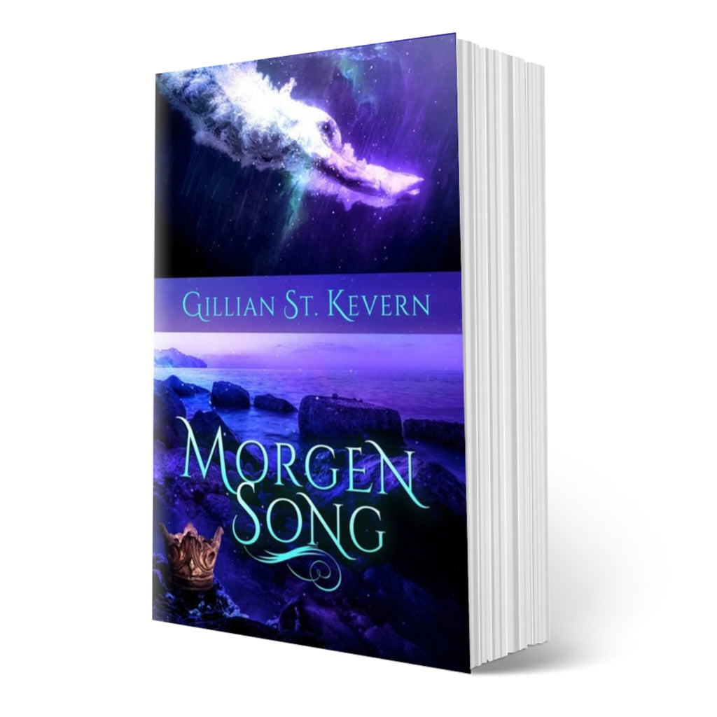 Cover of Morgen Song, a gay mythological romance: the top half features a man diving beneath the water. The bottom half features the silhouette of the rocky Welsh coast with a Medieval crown in the foreground..