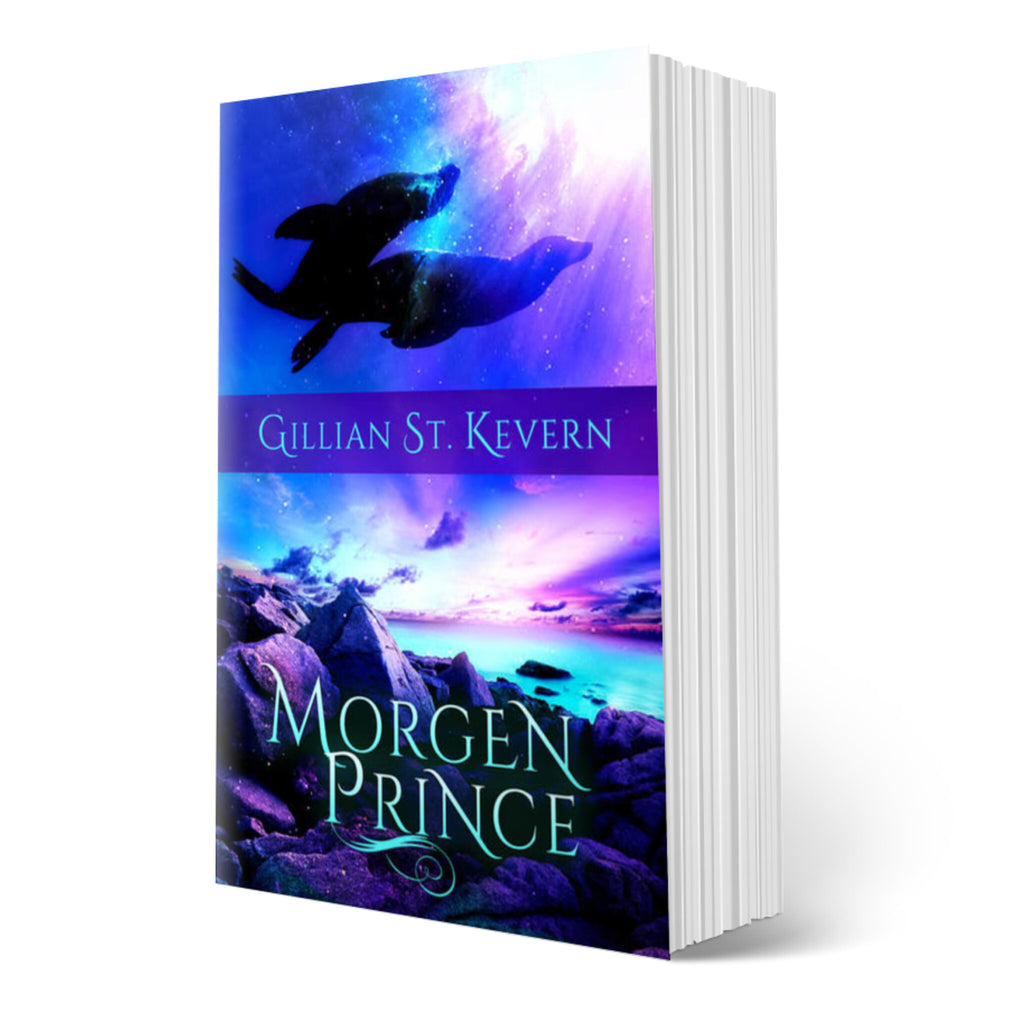 Cover of Morgen Prince, a mythological romance with a non-binary narrator: The top half of the cover features two seals swimming underwater. The lower half of the cover features the rocky Welsh shoreline.