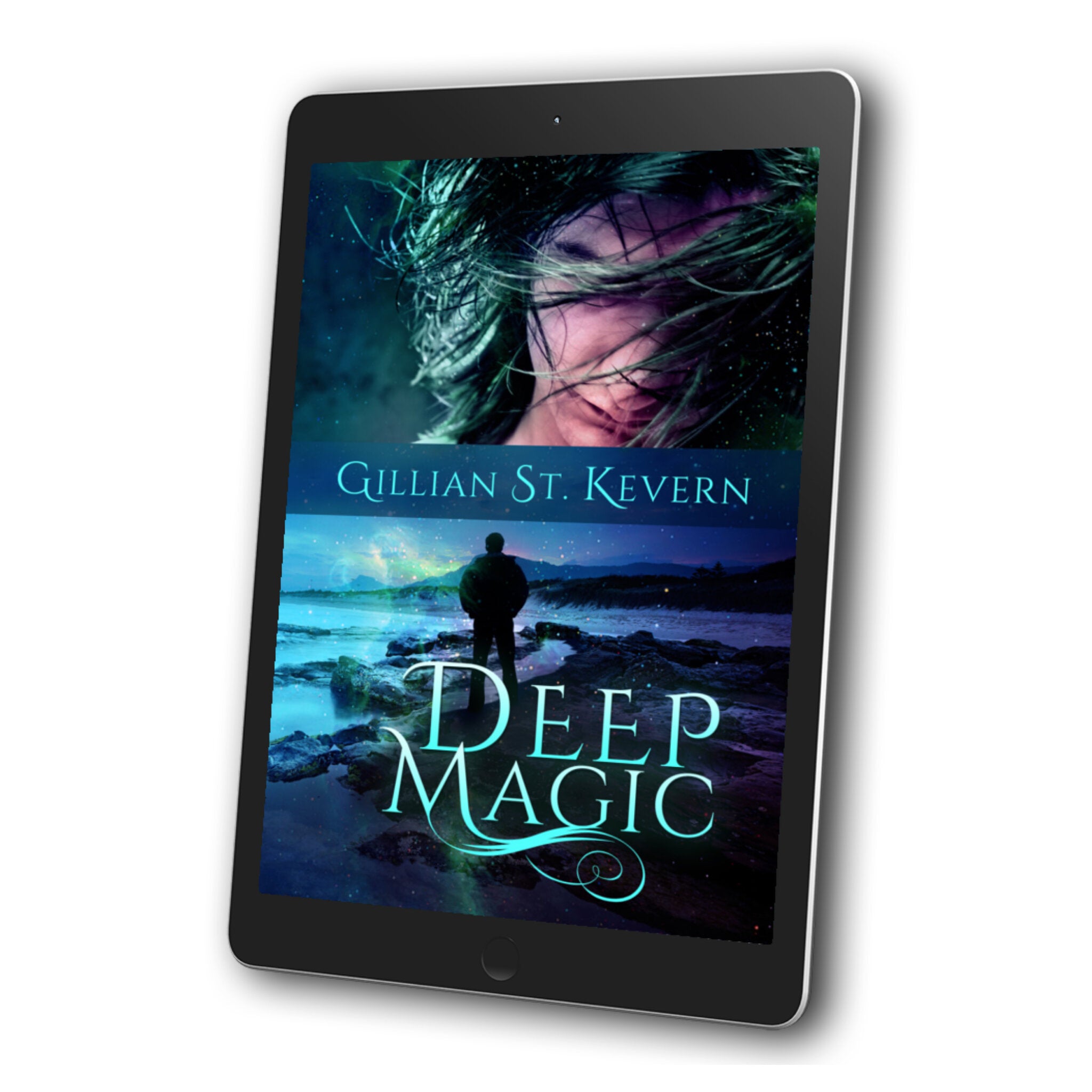 Cover of Deep Magic, a gay romance with mythological elements: The cover is divided in two halves. The top half features a dark haired man smiling enigmatically, his hair swept across his face. The bottom half features a man in silhouette, standing on the rocky Welsh coast, a wave splashing up before him.