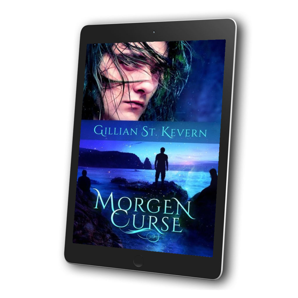 Morgen Curse, a gay mythological fantasy, cover: The cover is in two halves. In the top half, a young dark haired man (Ieuan), looks up warily from behind a curtain of hair. On the bottom half we see three figures silhouetted against the Pacific ocean. One stands, two are sitting.