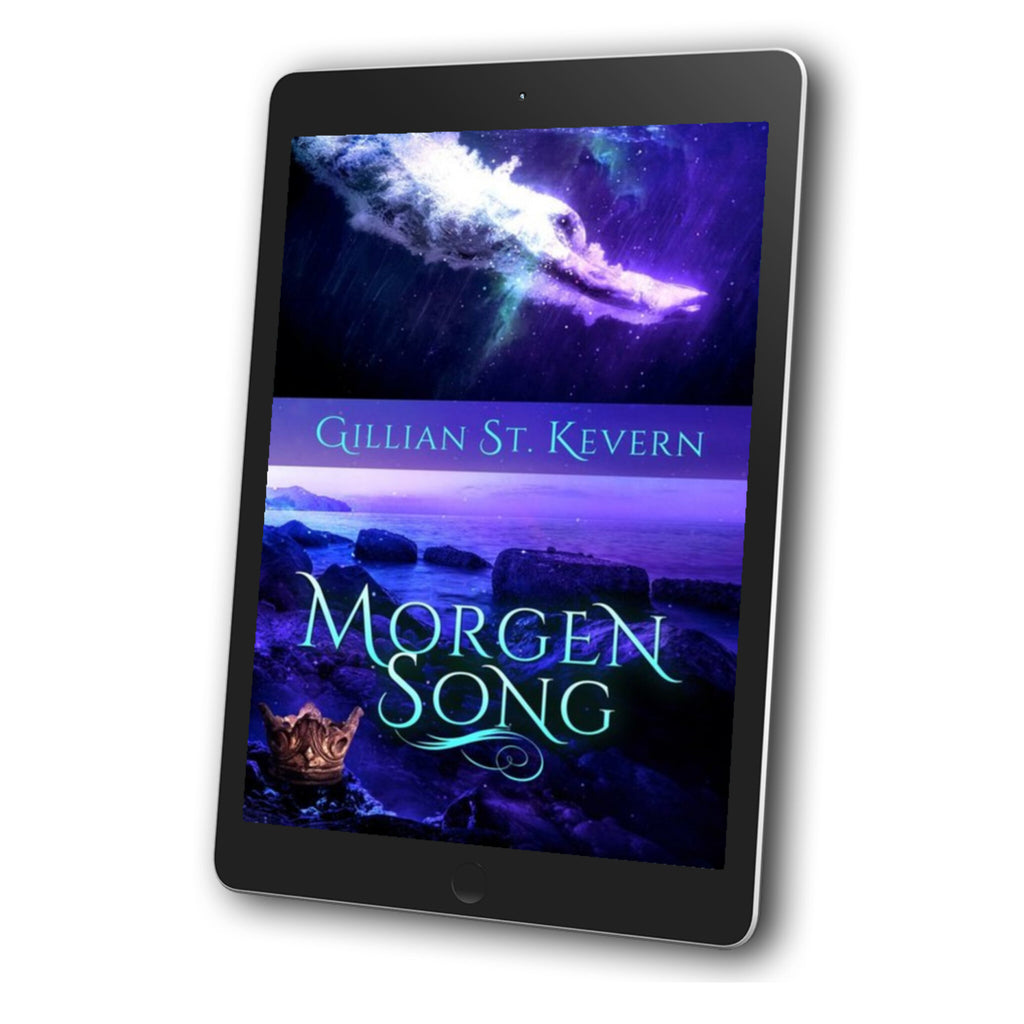 Cover of Morgen Song, a gay mythological romance: the top half features a man diving beneath the water. The bottom half features the silhouette of the rocky Welsh coast with a Medieval crown in the foreground..