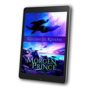 Cover of Morgen Prince, a mythological romance with a non-binary narrator: The top half of the cover features two seals swimming underwater. The lower half of the cover features the rocky Welsh shoreline.